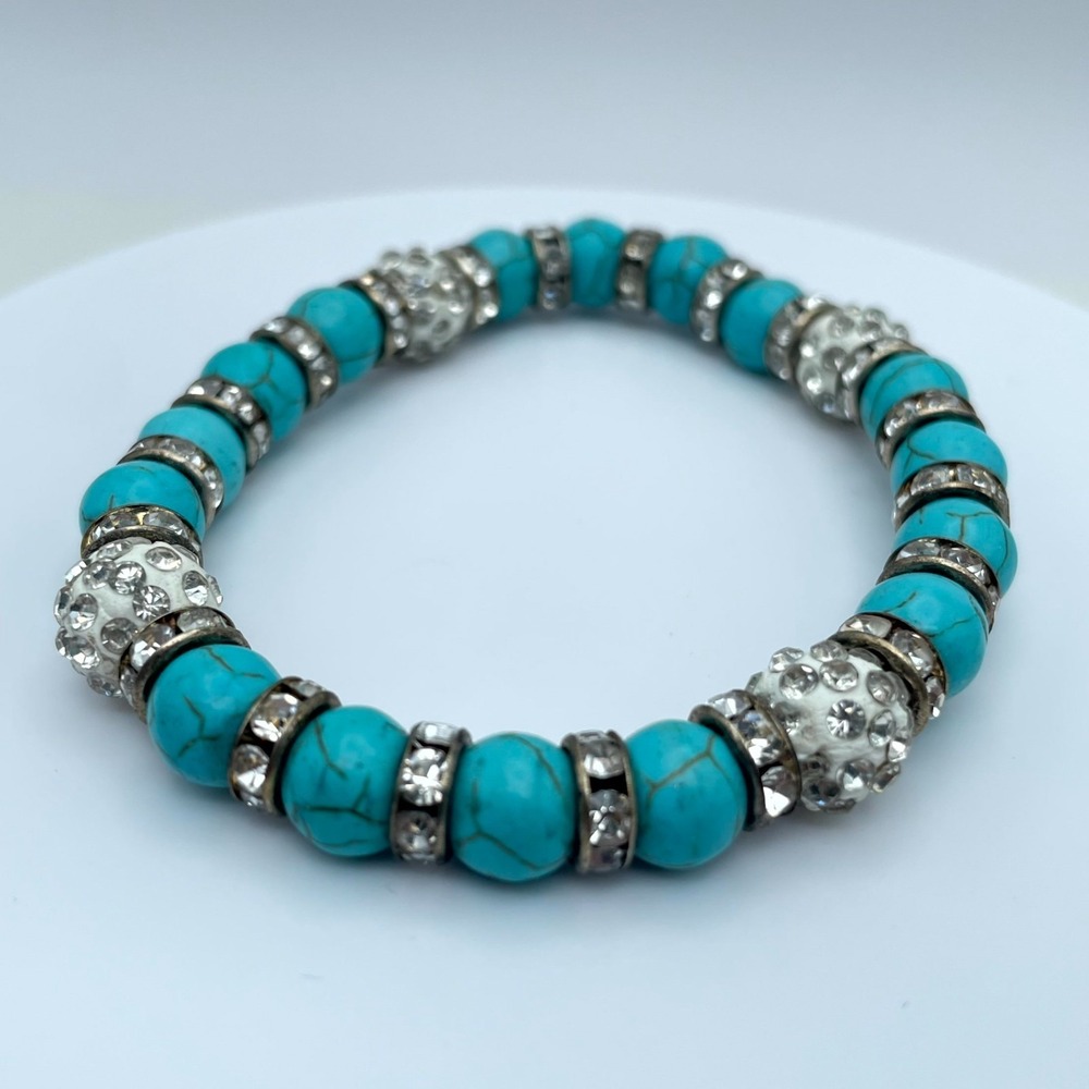 Bohemian Classic Faceted Rhinestone Shamballa Turquoise Beaded Stretch Bracelet